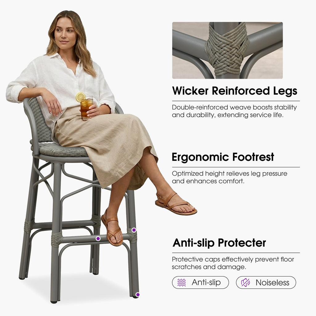 PURPLE LEAF Outdoor Bar Stools Set of 2 Rattan Patio Tall Bar Chairs Aluminum Frame with Back Barstools for Kitchen Garden Backyard Bistros Restaurant