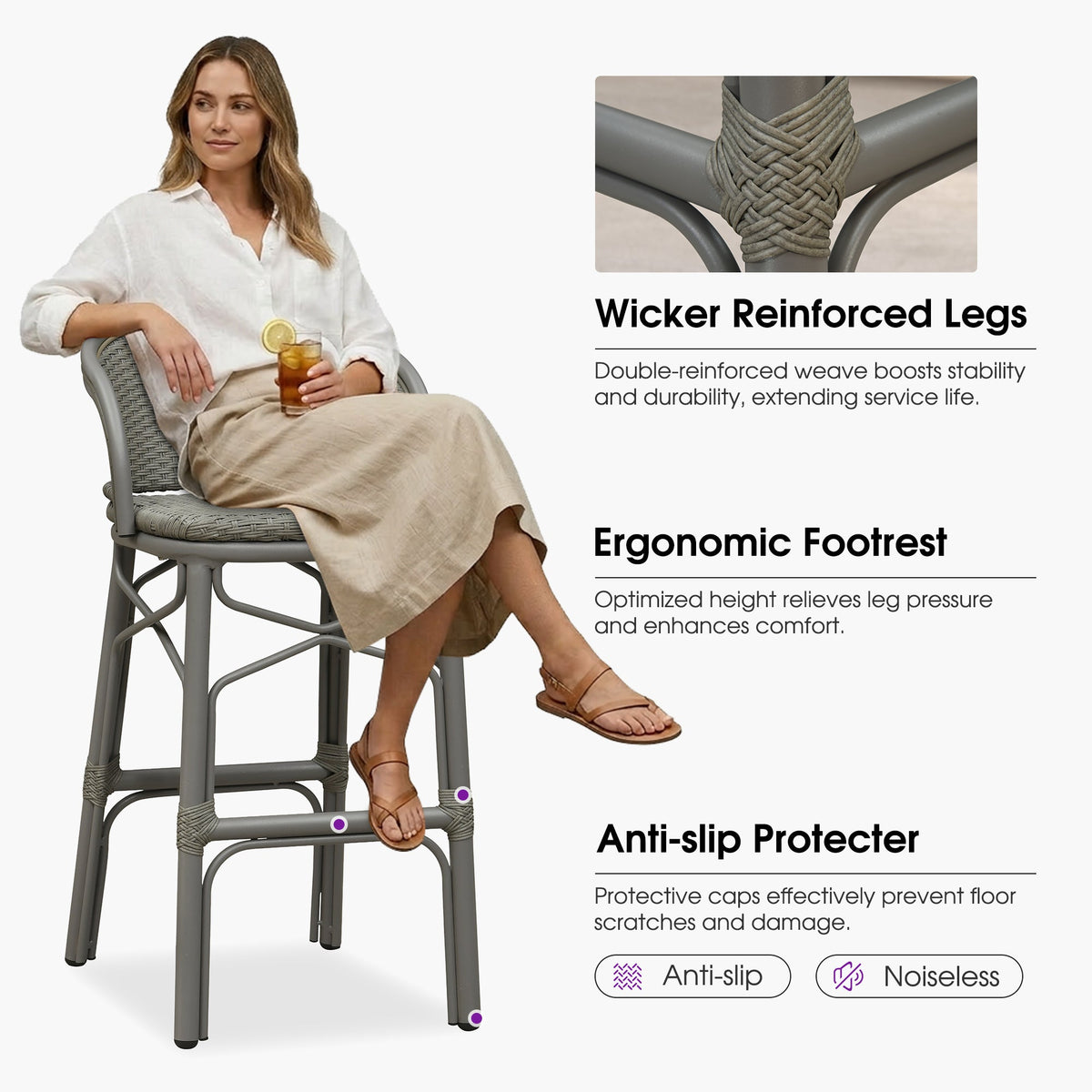 PURPLE LEAF Outdoor Bar Stools Set of 2 Rattan Patio Tall Bar Chairs Aluminum Frame with Back Barstools for Kitchen Garden Backyard Bistros Restaurant