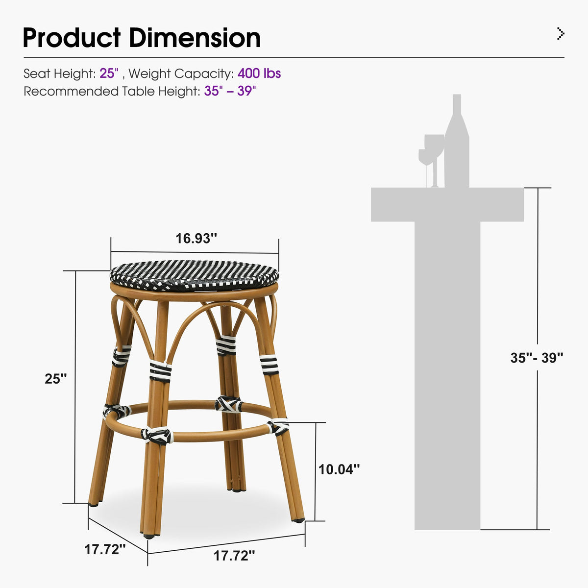PURPLE LEAF Patio French Round Counter Stool Set of 2 Rattan Backless Stackable Barstools Aluminum Frame Footrest with Woven Wicker for Outdoor Kitchen Yard