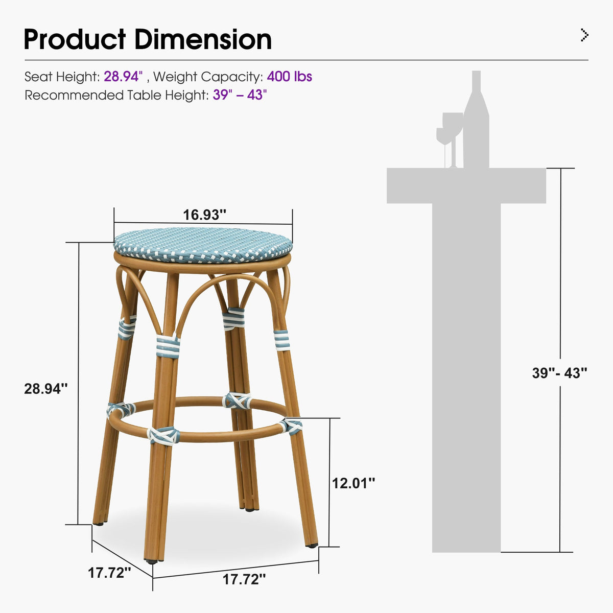 PURPLE LEAF Patio French Round Counter Stool Set of 2 Rattan Backless Stackable Barstools Aluminum Frame Footrest with Woven Wicker for Outdoor Kitchen Yard