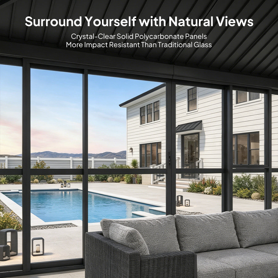 PURPLE LEAF Luxury Sunroom Solarium 360° Transparent Outdoor Living Room with Elegant Curtains Outdoor Gazebo with 4-Side Sliding Doors and Windows for Entertaining