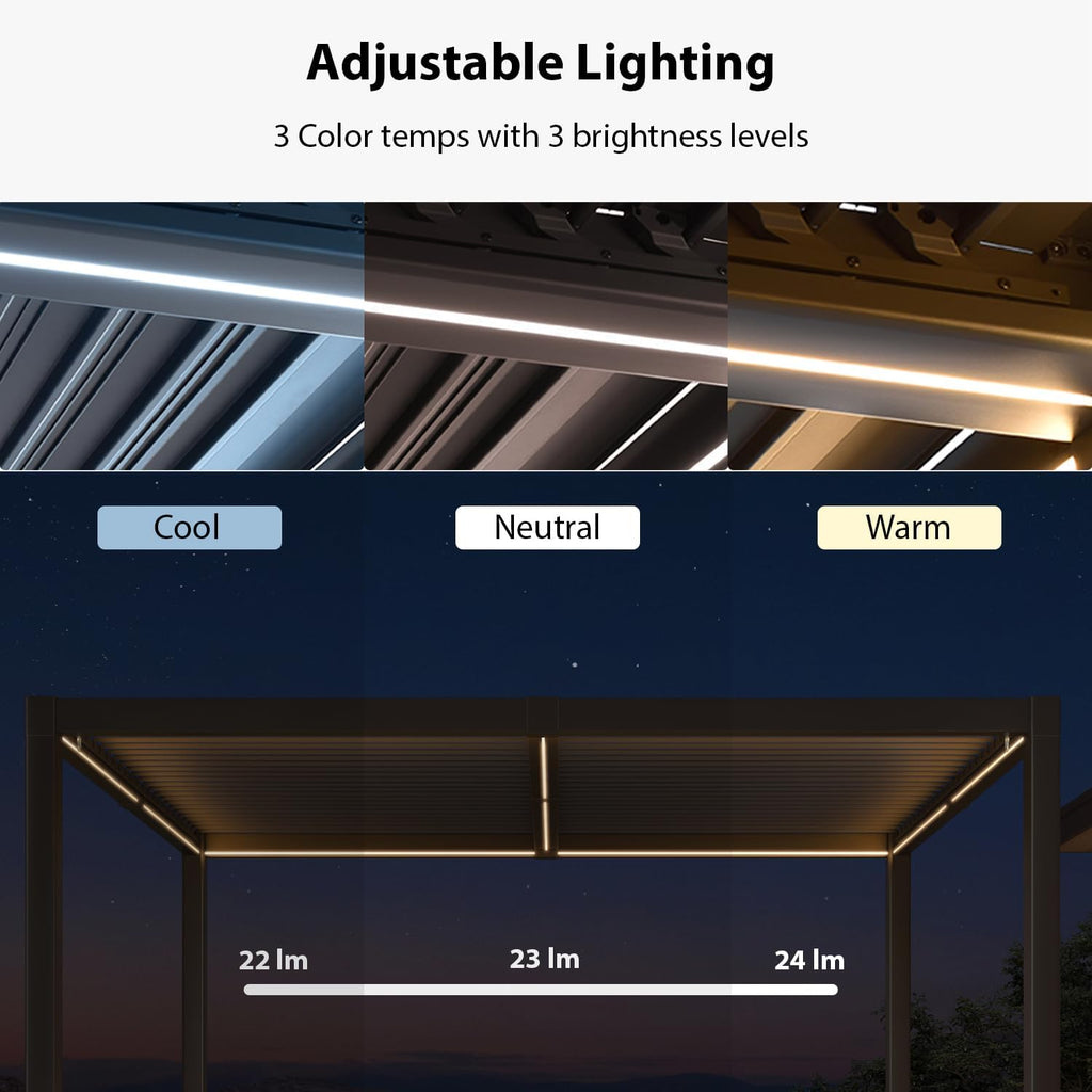 PURPLE LEAF Caesar Solar Louvered Pergola with LED Strip Lights and Control Panel Aluminum Outdoor Pergola with Adjustable Roof for Patio Deck Garden Yard Bronze