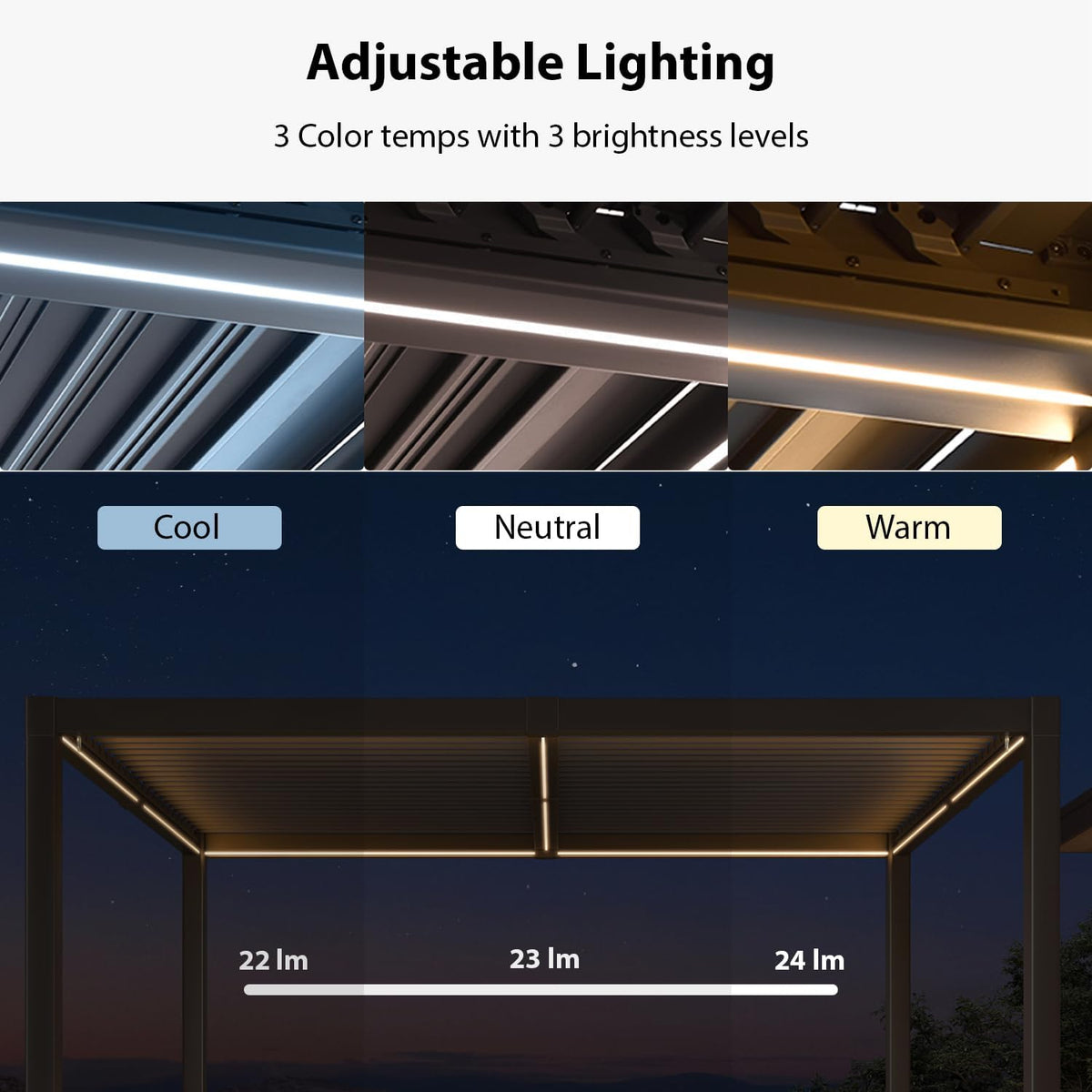 PURPLE LEAF Caesar Solar Louvered Pergola with LED Strip Lights and Control Panel Aluminum Outdoor Pergola with Adjustable Roof for Patio Deck Garden Yard Bronze