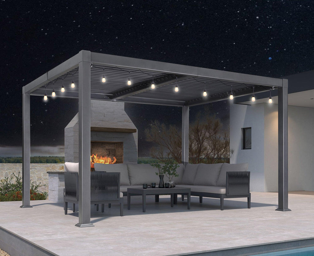 PURPLE LEAF Caesar Louvered Pergola with Milky String Lights Patio Aluminum Pergola with Independent Adjustable Rainproof Roof Hardtop Pergola for Outdoor Deck Garden Yard