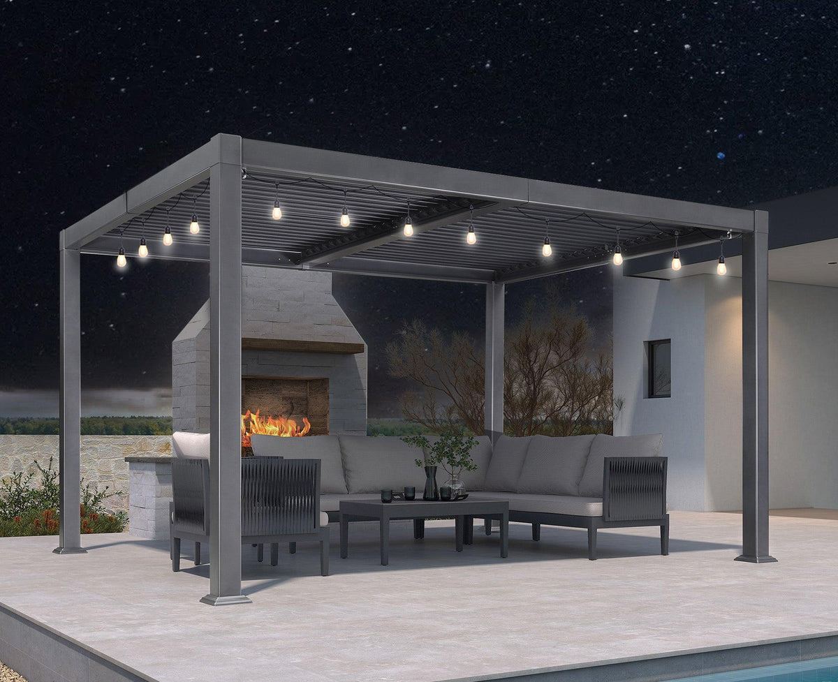 PURPLE LEAF Caesar Louvered Pergola with Yellow String Lights Patio Aluminum Pergola with Independent Adjustable Rainproof Roof Hardtop Pergola for Outdoor Deck Garden Yard