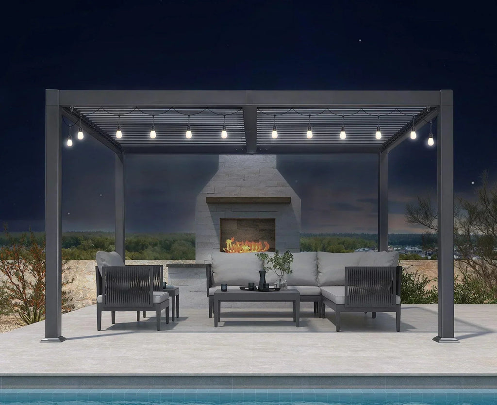 PURPLE LEAF Caesar Louvered Pergola with Milky String Lights Patio Aluminum Pergola with Independent Adjustable Rainproof Roof Hardtop Pergola for Outdoor Deck Garden Yard
