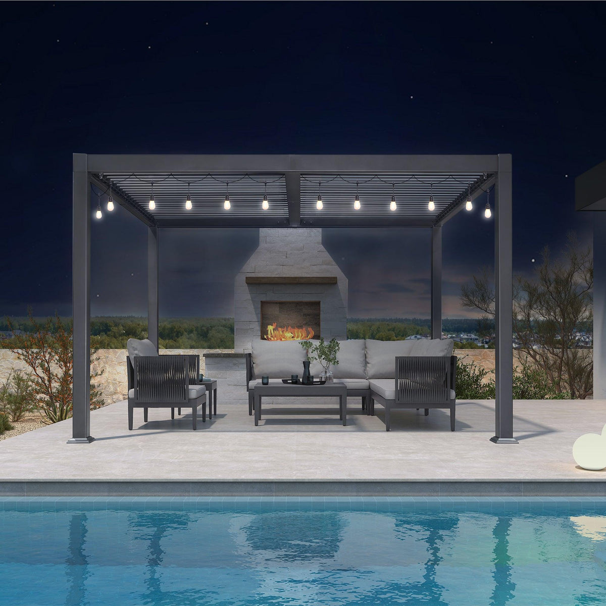 PURPLE LEAF Caesar Louvered Pergola with Milky String Lights Patio Aluminum Pergola with Independent Adjustable Rainproof Roof Hardtop Pergola for Outdoor Deck Garden Yard