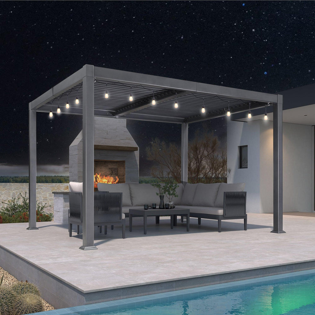 PURPLE LEAF Caesar Louvered Pergola with Milky String Lights Patio Aluminum Pergola with Independent Adjustable Rainproof Roof With Milky Lights