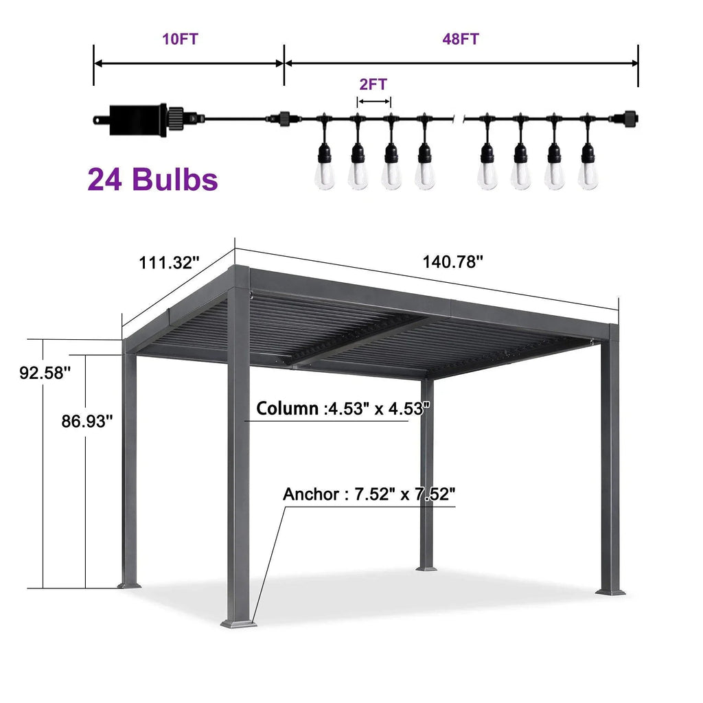 PURPLE LEAF Caesar Louvered Pergola with Milky String Lights Patio Aluminum Pergola with Independent Adjustable Rainproof Roof Hardtop Pergola for Outdoor Deck Garden Yard