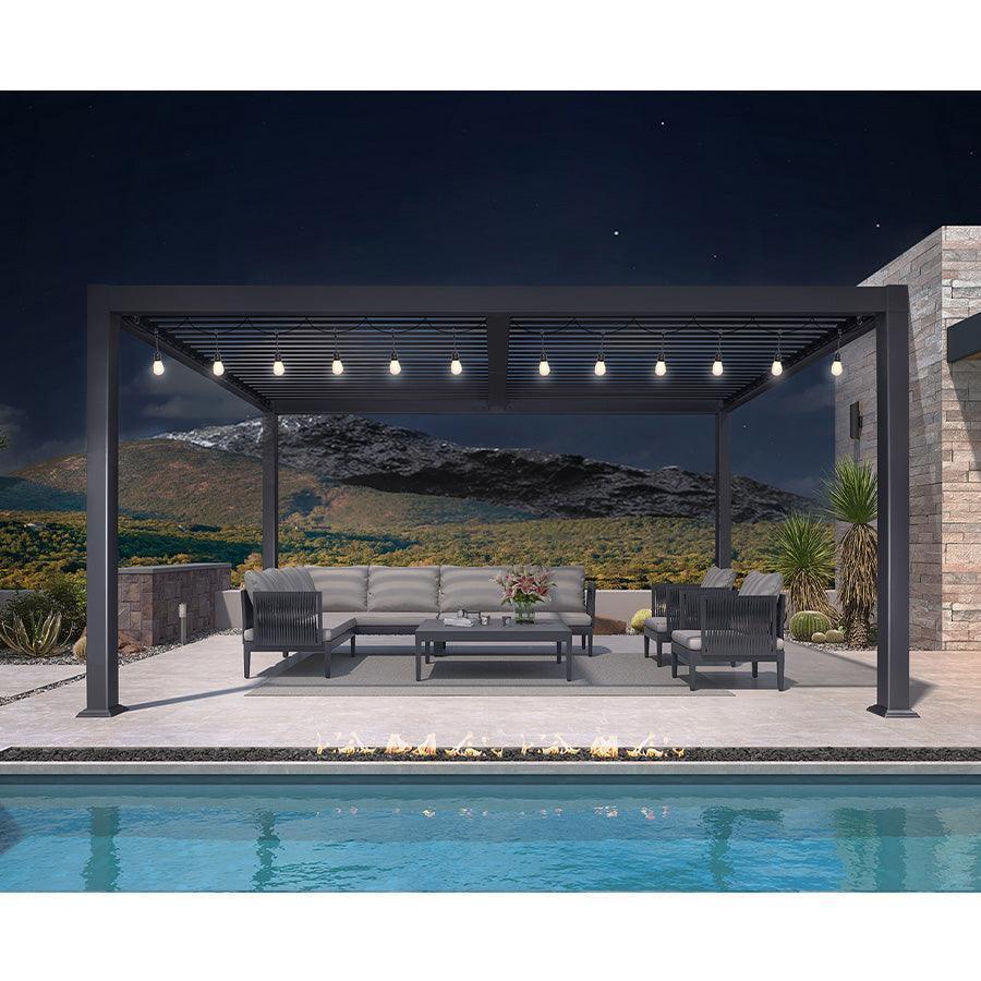 PURPLE LEAF Caesar Louvered Pergola with Milky String Lights Patio Aluminum Pergola with Independent Adjustable Rainproof Roof Hardtop Pergola for Outdoor Deck Garden Yard