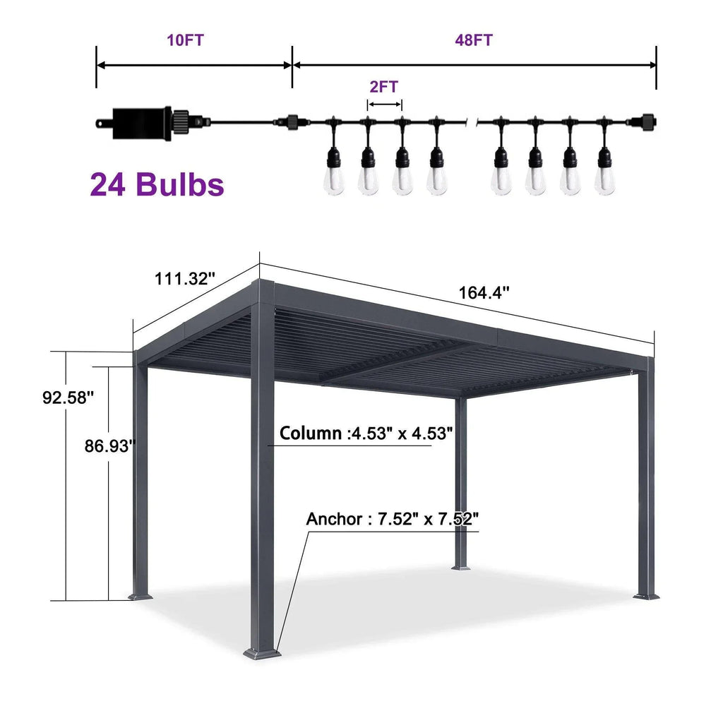 PURPLE LEAF Caesar Louvered Pergola with Milky String Lights Patio Aluminum Pergola with Independent Adjustable Rainproof Roof Hardtop Pergola for Outdoor Deck Garden Yard