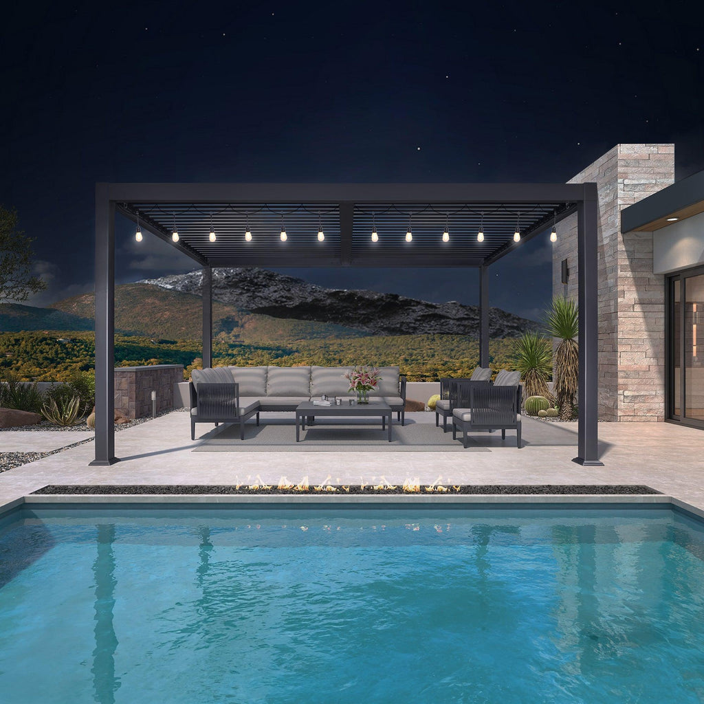 PURPLE LEAF Caesar Louvered Pergola with Milky String Lights Patio Aluminum Pergola with Independent Adjustable Rainproof Roof With Milky Lights