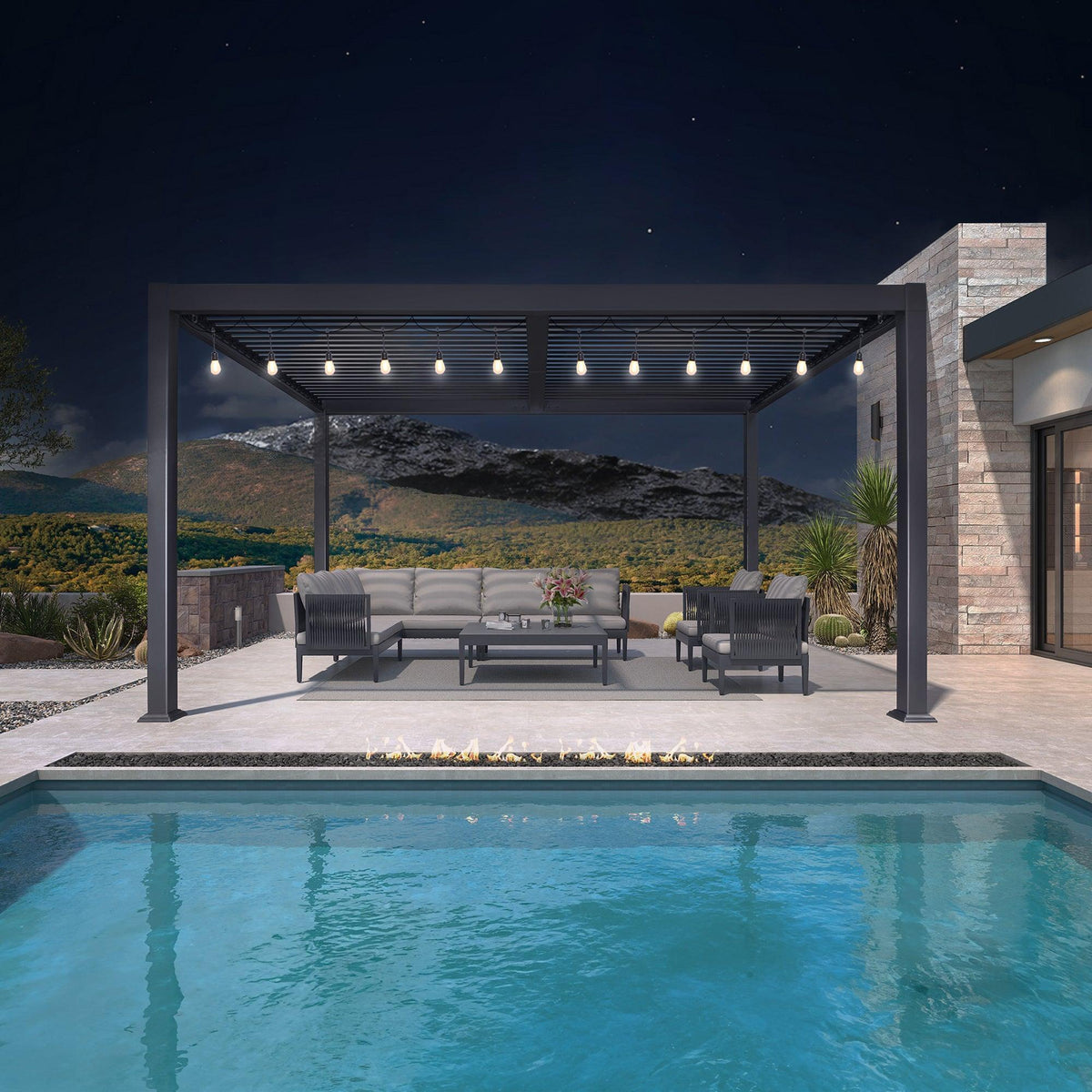PURPLE LEAF Caesar Louvered Pergola with Milky String Lights Patio Aluminum Pergola with Independent Adjustable Rainproof Roof With Milky Lights