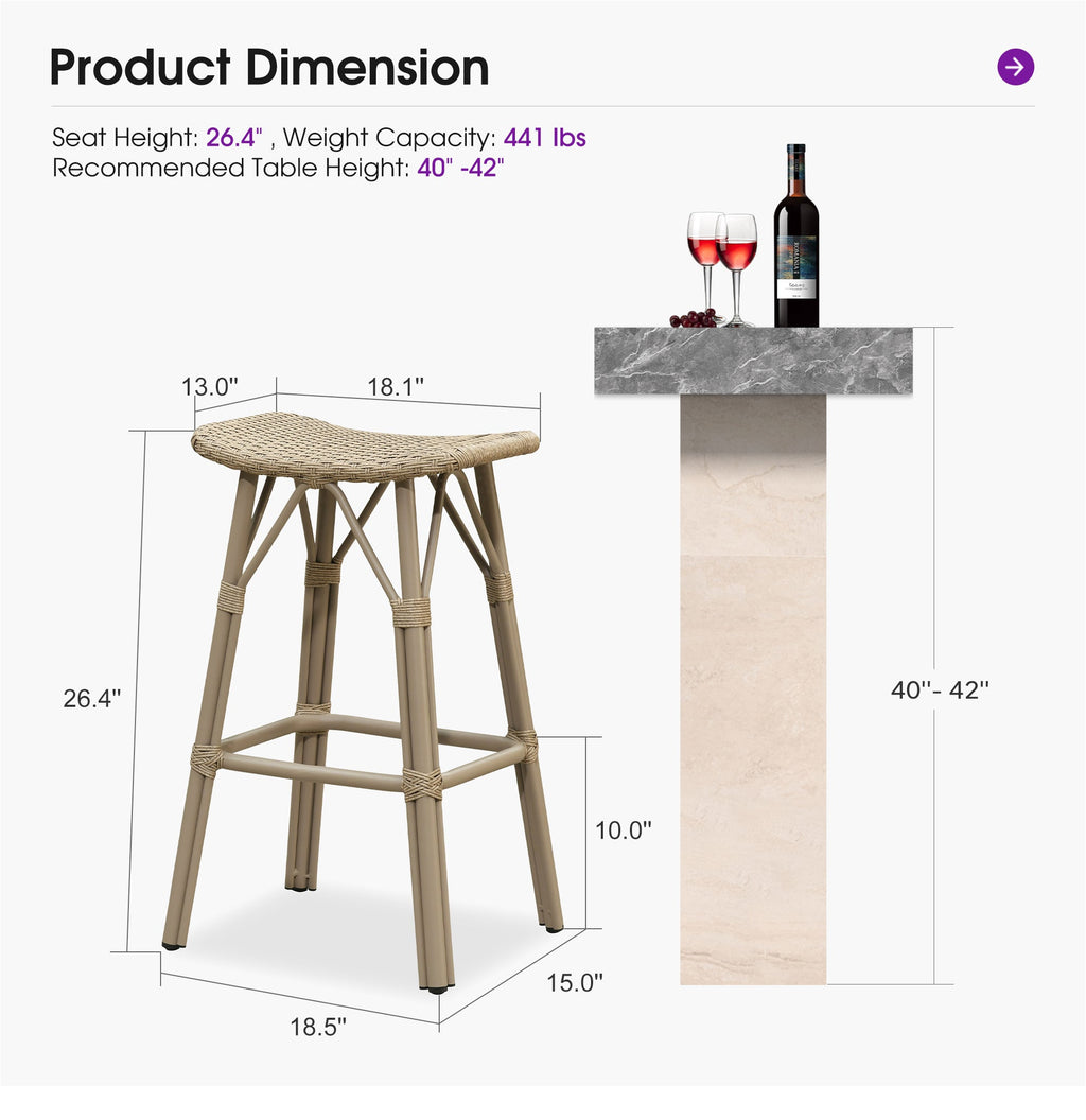 PURPLE LEAF Outdoor Bar Stools Set of 2 Backless Rattan Barstools with Saddle Seat and Footrest All Weather Aluminum Bar Chairs for Patio Kitchen Island Pool Balcony