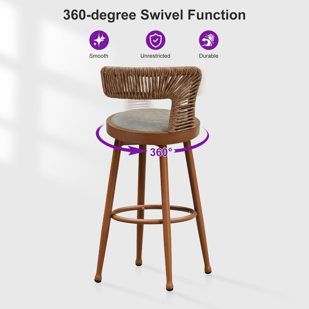 PURPLE LEAF Outdoor Swivel Bar Stools Set of 2 Metal Modern Rattan Bar Chairs with Backrest Aluminum Woven Barstools with Cushions