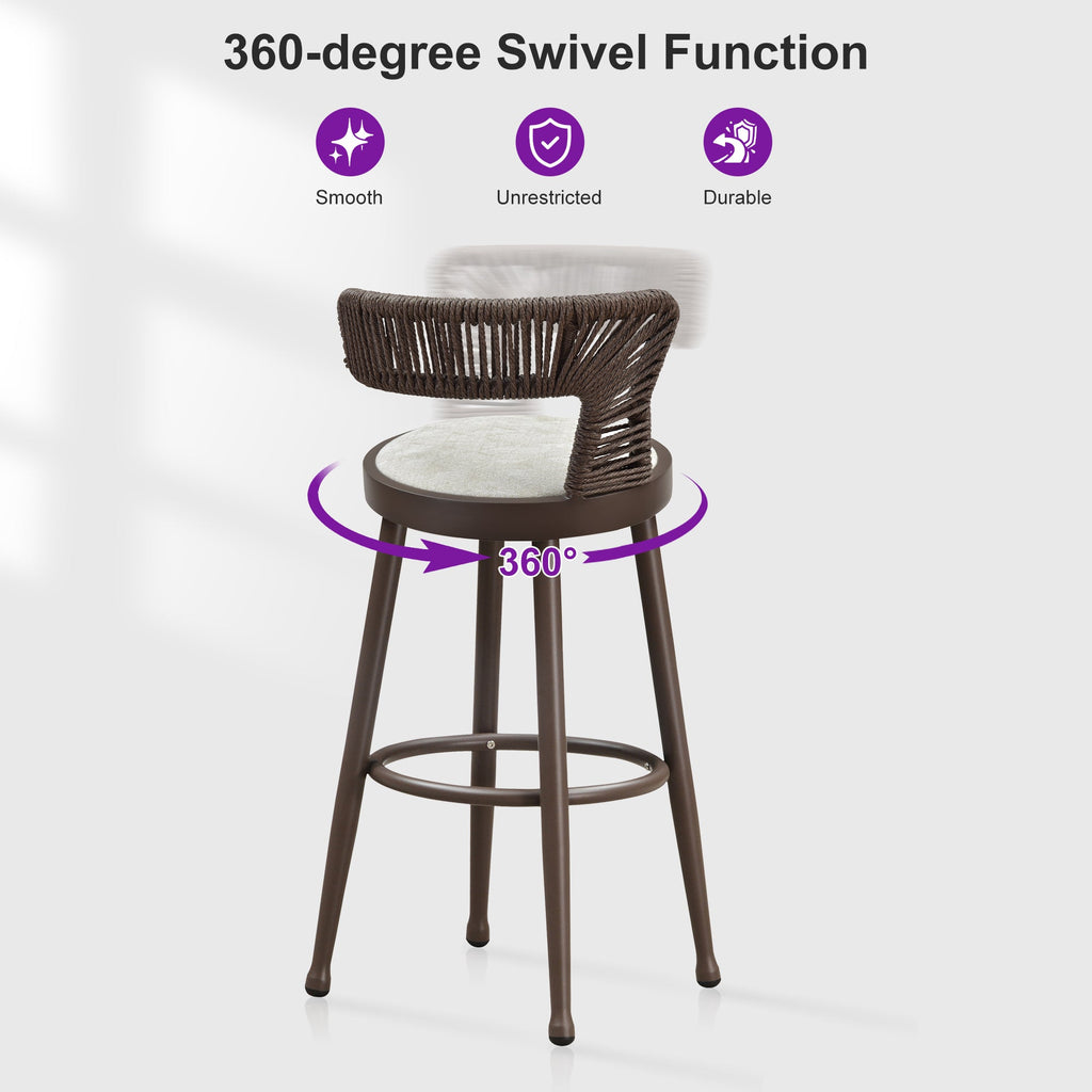 PURPLE LEAF Outdoor Swivel Bar Stools Set of 2 Metal Modern Rattan Bar Chairs with Backrest Aluminum Woven Barstools with Cushions