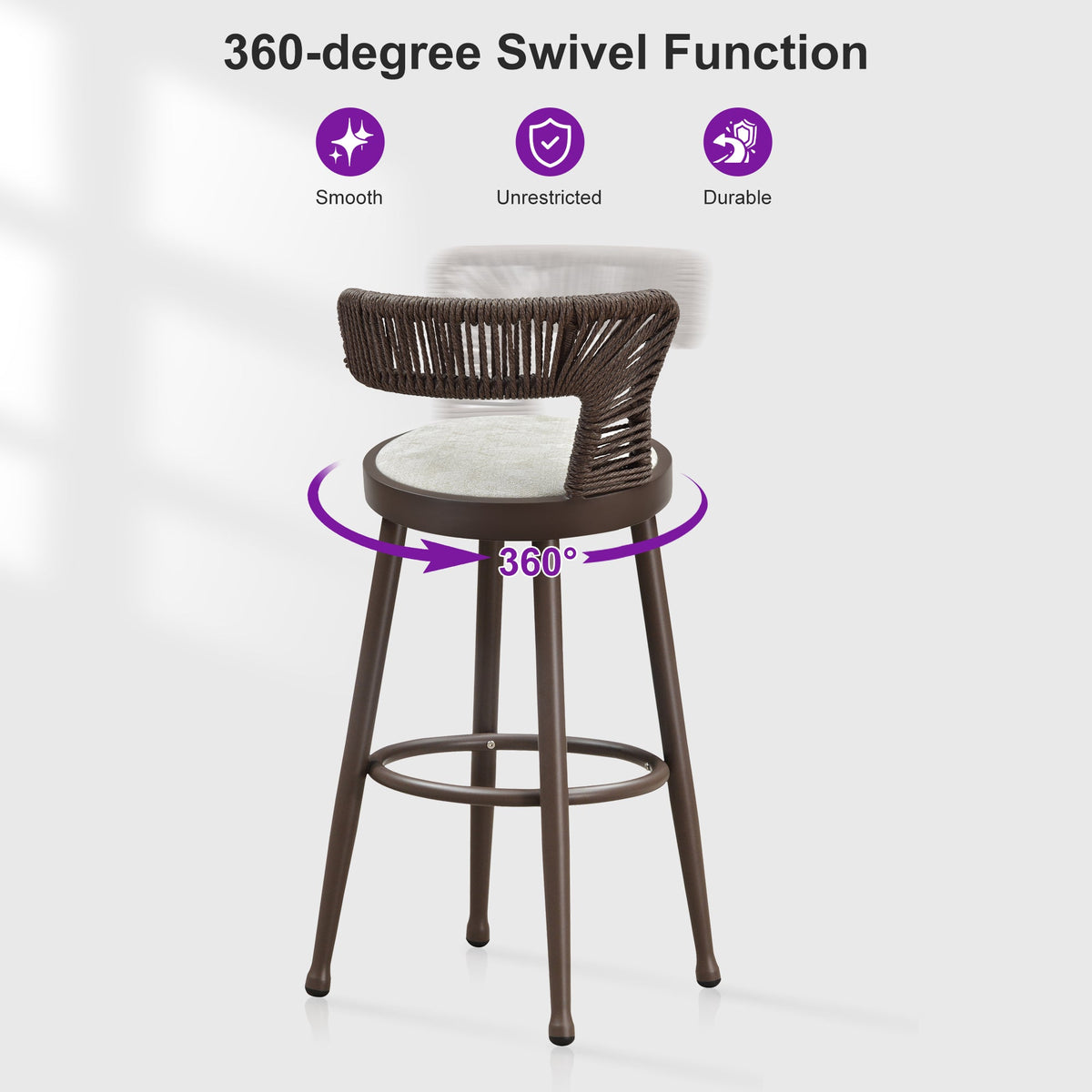 PURPLE LEAF Outdoor Swivel Bar Stools Set of 2 Metal Modern Rattan Bar Chairs with Backrest Aluminum Woven Barstools with Cushions
