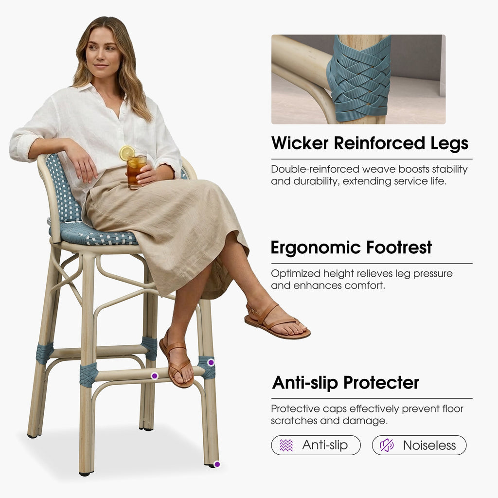 PURPLE LEAF Outdoor Bar Stools Set of 2 Rattan Patio Tall Bar Chairs Aluminum Frame with Back Barstools for Kitchen Garden Backyard Bistros Restaurant
