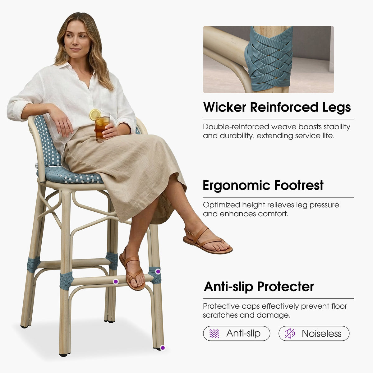 PURPLE LEAF Outdoor Bar Stools Set of 2 Rattan Patio Tall Bar Chairs Aluminum Frame with Back Barstools for Kitchen Garden Backyard Bistros Restaurant