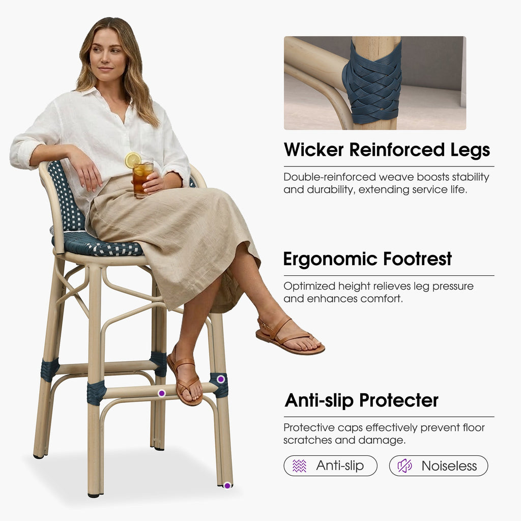 PURPLE LEAF Outdoor Bar Stools Set of 2 Rattan Patio Tall Bar Chairs Aluminum Frame with Back Barstools for Kitchen Garden Backyard Bistros Restaurant