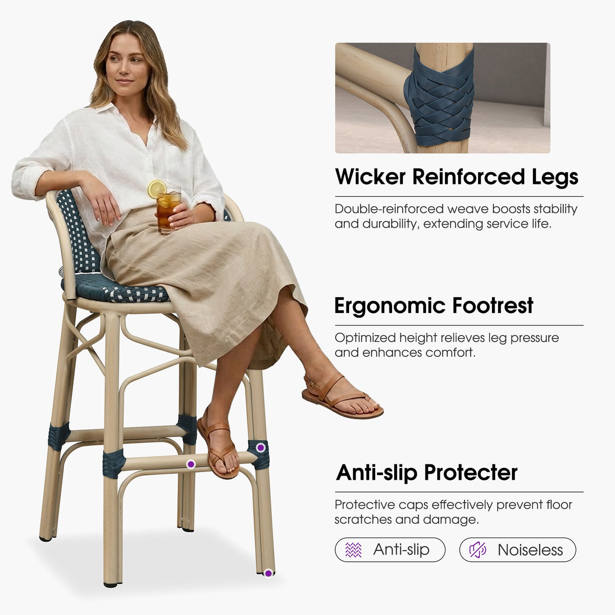 PURPLE LEAF Outdoor Bar Stools Set of 2 Rattan Patio Tall Bar Chairs Aluminum Frame with Back Barstools for Kitchen Garden Backyard Bistros Restaurant