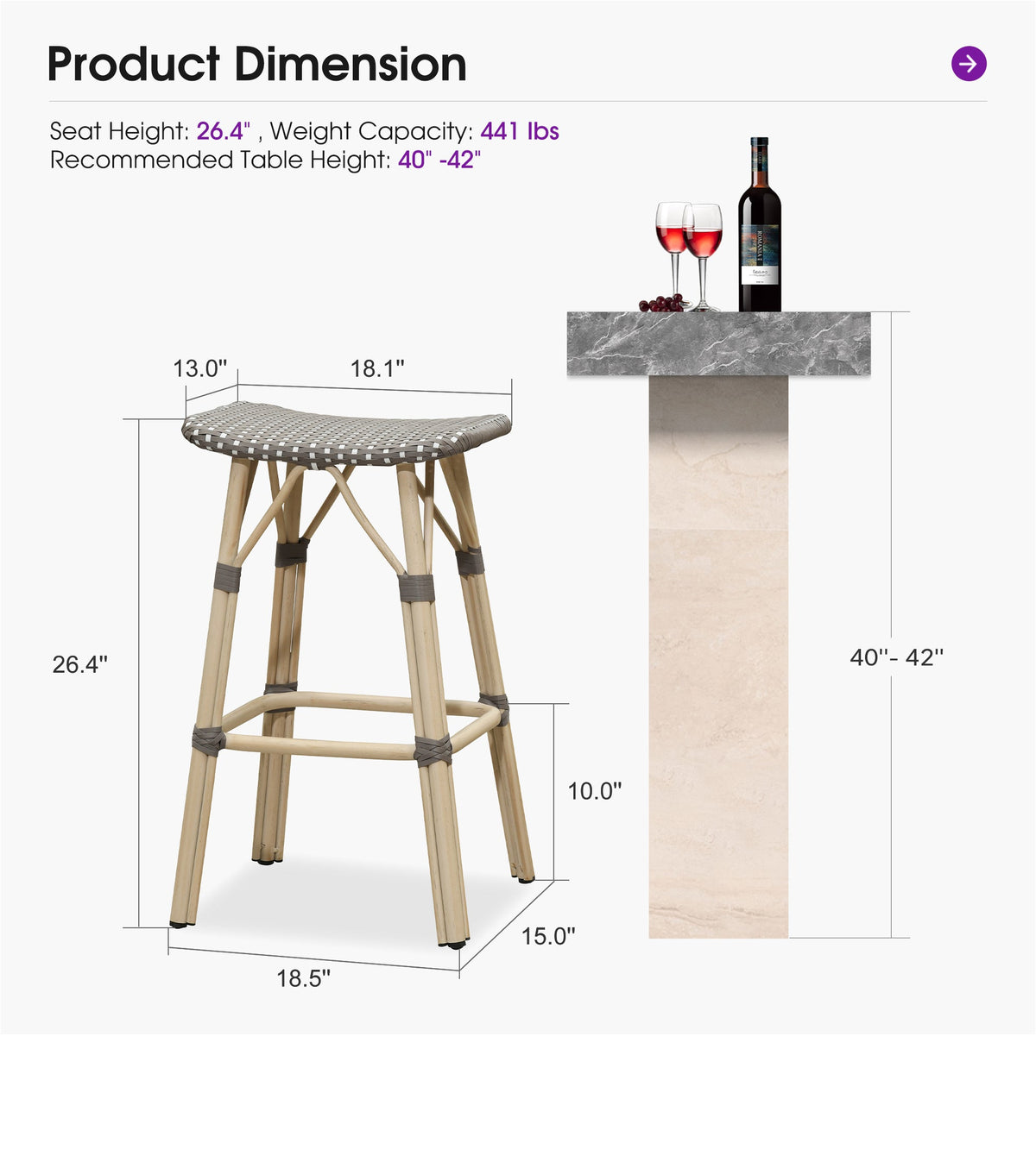 PURPLE LEAF Outdoor Bar Stools Set of 2 Backless Rattan Barstools with Saddle Seat and Footrest All Weather Aluminum Bar Chairs for Patio Kitchen Island Pool Balcony