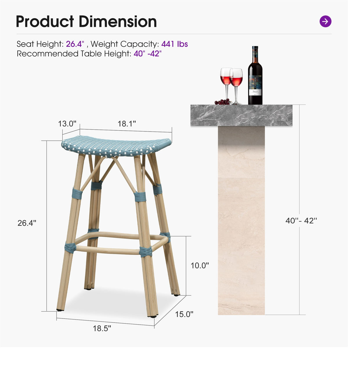 PURPLE LEAF Outdoor Bar Stools Set of 2 Backless Rattan Barstools with Saddle Seat and Footrest All Weather Aluminum Bar Chairs for Patio Kitchen Island Pool Balcony