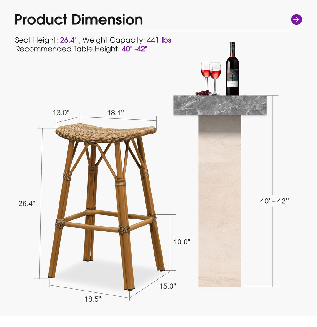 PURPLE LEAF Outdoor Bar Stools Set of 2 Backless Rattan Barstools with Saddle Seat and Footrest All Weather Aluminum Bar Chairs for Patio Kitchen Island Pool Balcony