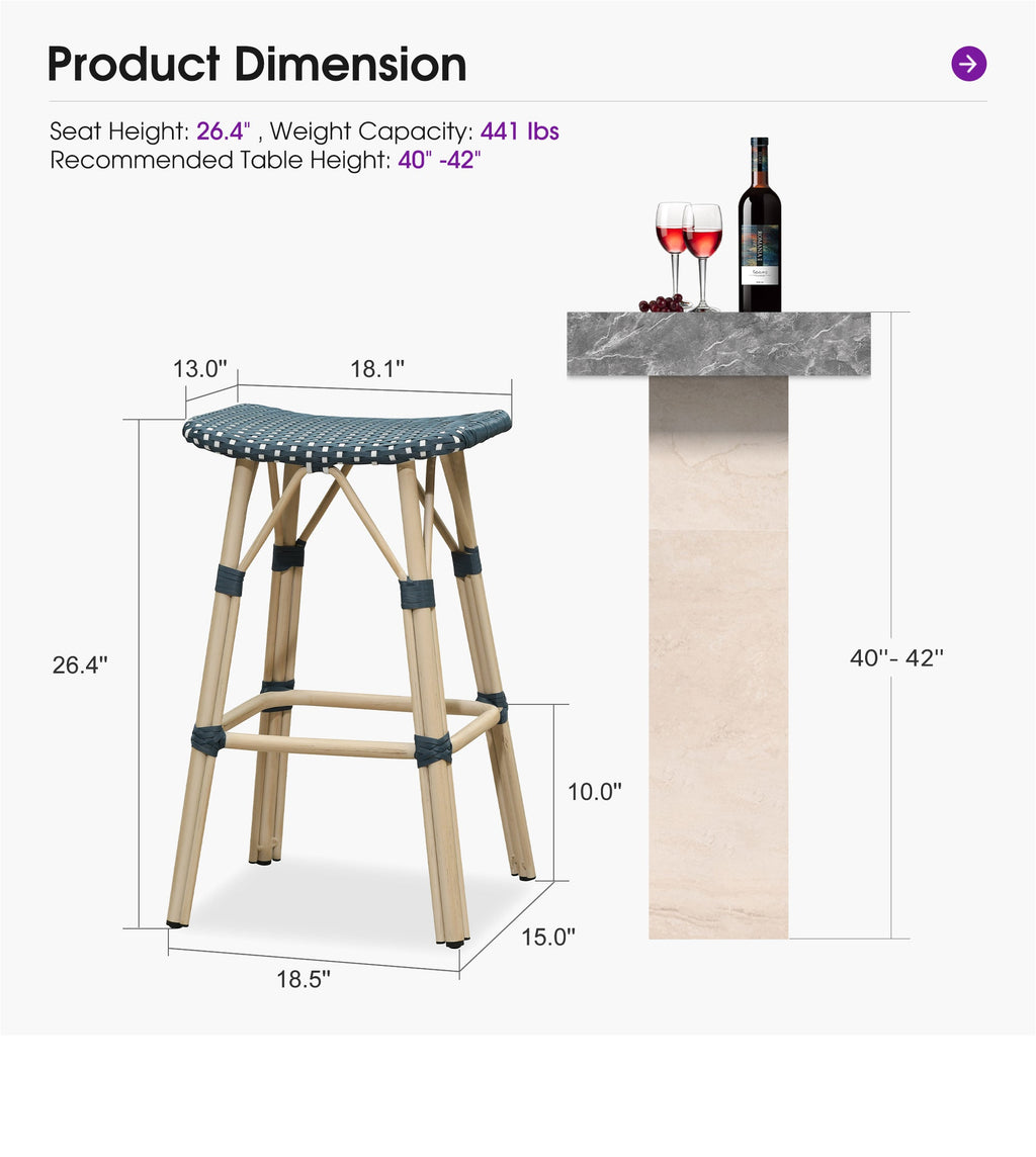 PURPLE LEAF Outdoor Bar Stools Set of 2 Backless Rattan Barstools with Saddle Seat and Footrest All Weather Aluminum Bar Chairs for Patio Kitchen Island Pool Balcony