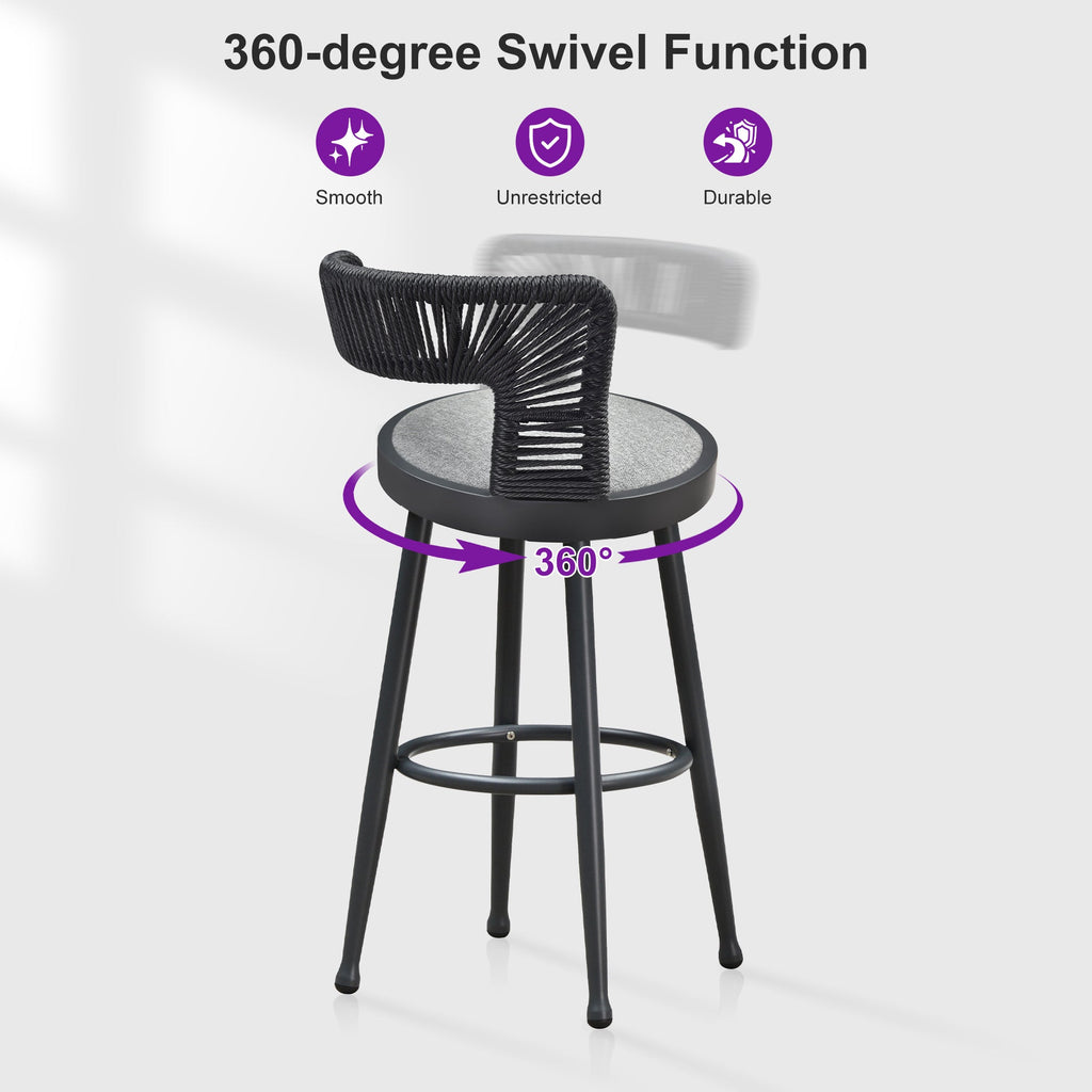 PURPLE LEAF Outdoor Swivel Bar Stools Set of 2 Metal Modern Rattan Bar Chairs with Backrest Aluminum Woven Barstools with Cushions