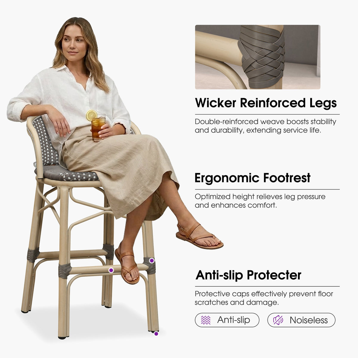 PURPLE LEAF Outdoor Bar Stools Set of 2 Rattan Patio Tall Bar Chairs Aluminum Frame with Back Barstools for Kitchen Garden Backyard Bistros Restaurant