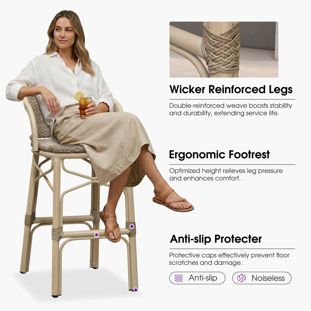 PURPLE LEAF Outdoor Bar Stools Set of 2 Rattan Patio Tall Bar Chairs Aluminum Frame with Back Barstools for Kitchen Garden Backyard Bistros Restaurant