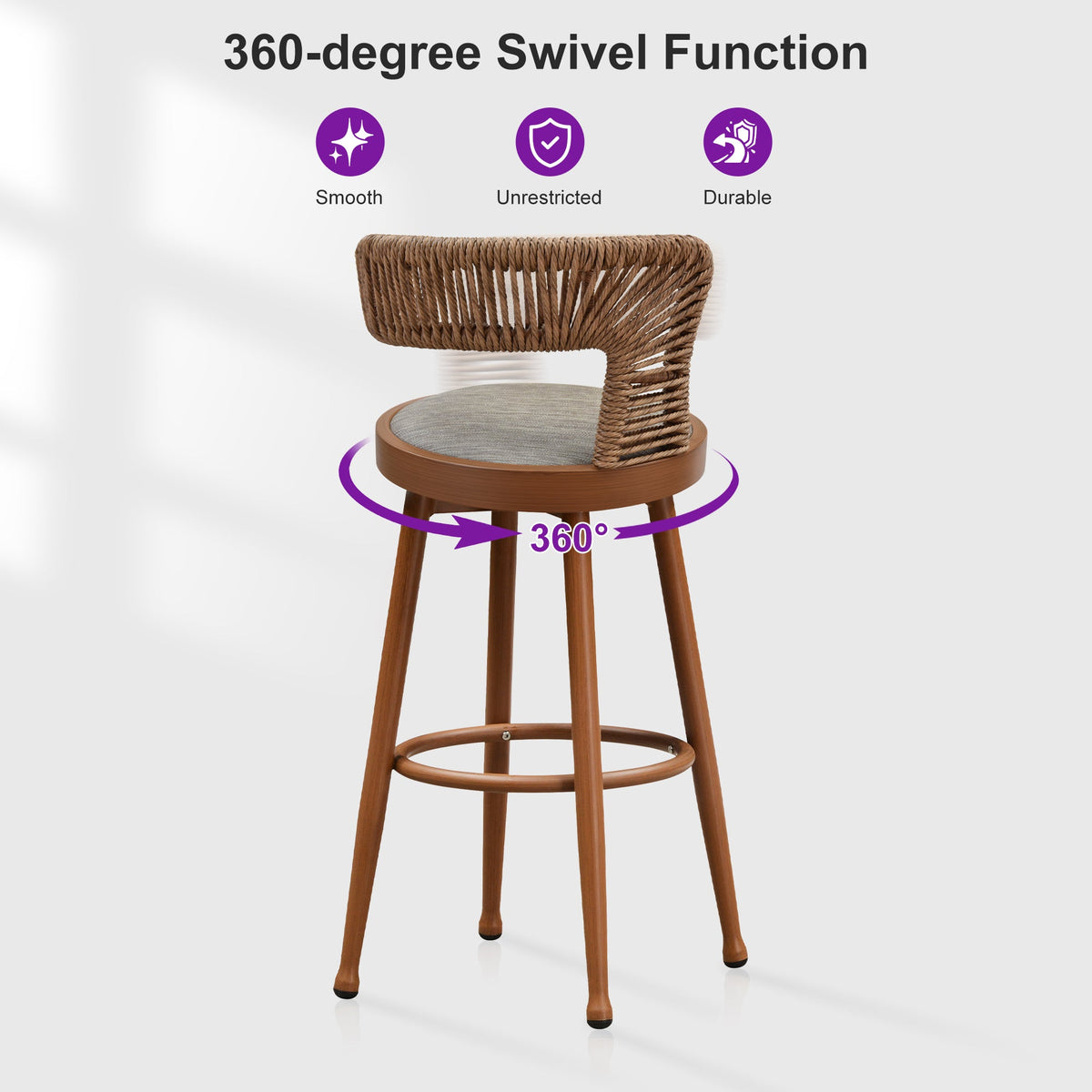 PURPLE LEAF Outdoor Swivel Bar Stools Set of 2 Metal Modern Rattan Bar Chairs with Backrest Aluminum Woven Barstools with Cushions