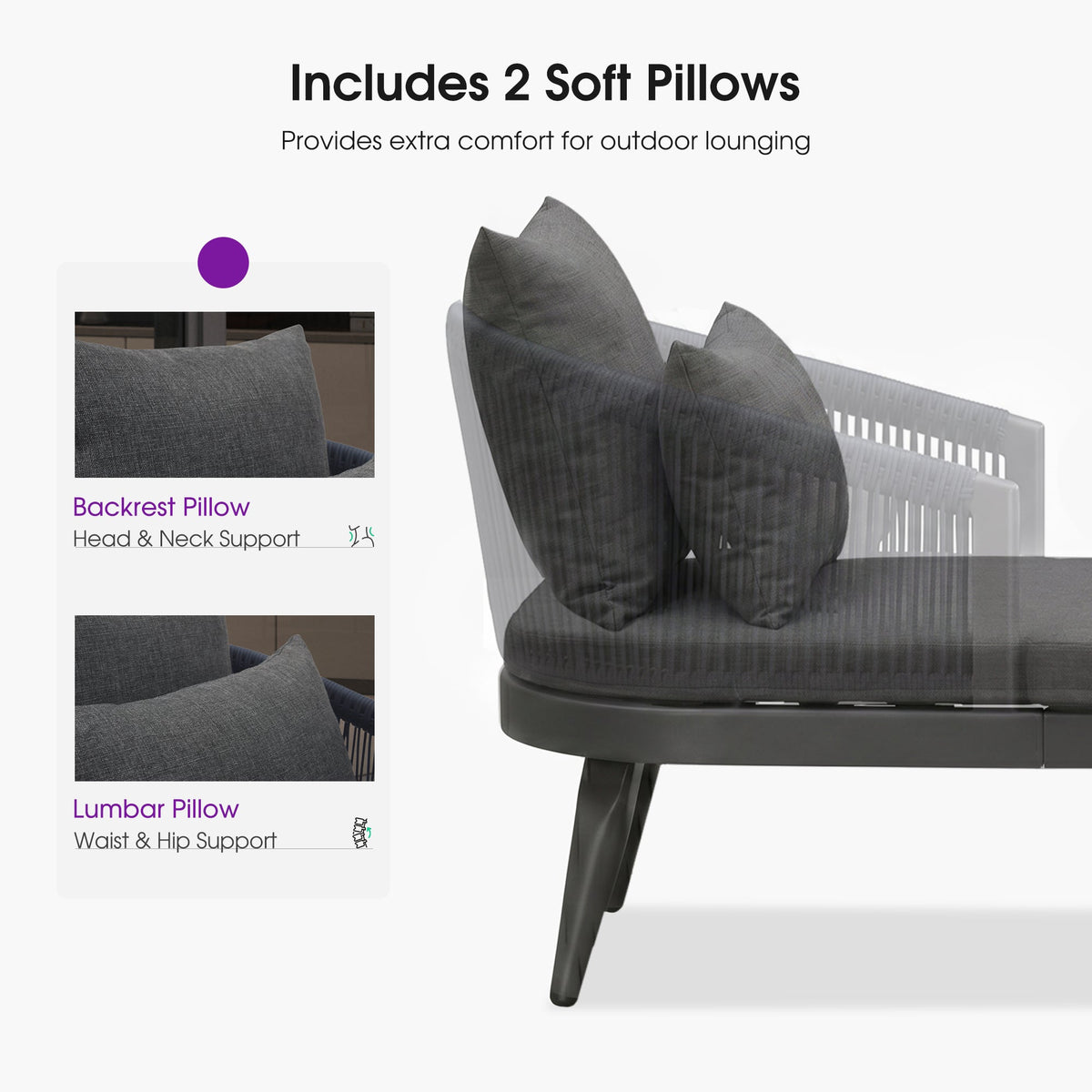 PURPLE LEAF Patio Chaise Lounge Elegant Aluminum Outdoor Lounge Chair with Pillow & Lumbar Support PE Rattan Backrest All Weather for Lawn Beach Backyard