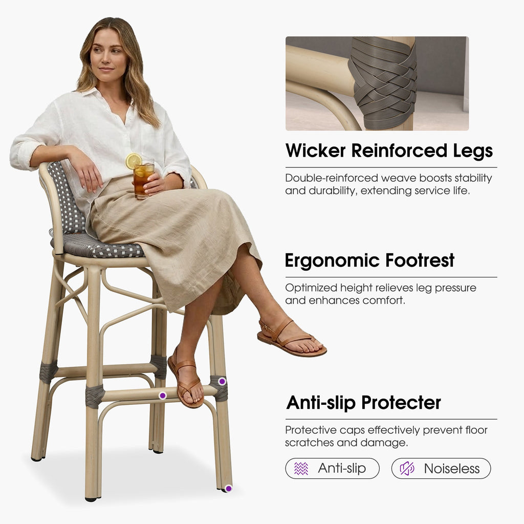 PURPLE LEAF Outdoor Bar Stools Set of 2 Rattan Patio Tall Bar Chairs Aluminum Frame with Back Barstools for Kitchen Garden Backyard Bistros Restaurant