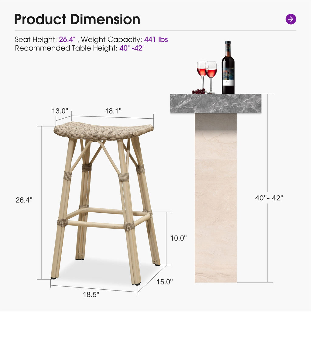 PURPLE LEAF Outdoor Bar Stools Set of 2 Backless Rattan Barstools with Saddle Seat and Footrest All Weather Aluminum Bar Chairs for Patio Kitchen Island Pool Balcony