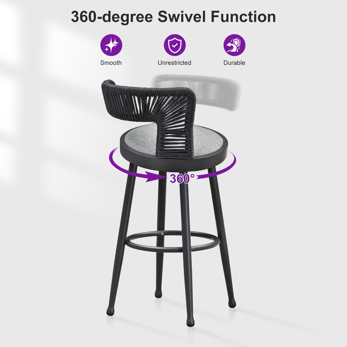 PURPLE LEAF Outdoor Swivel Bar Stools Set of 2 Metal Modern Rattan Bar Chairs with Backrest Aluminum Woven Barstools with Cushions