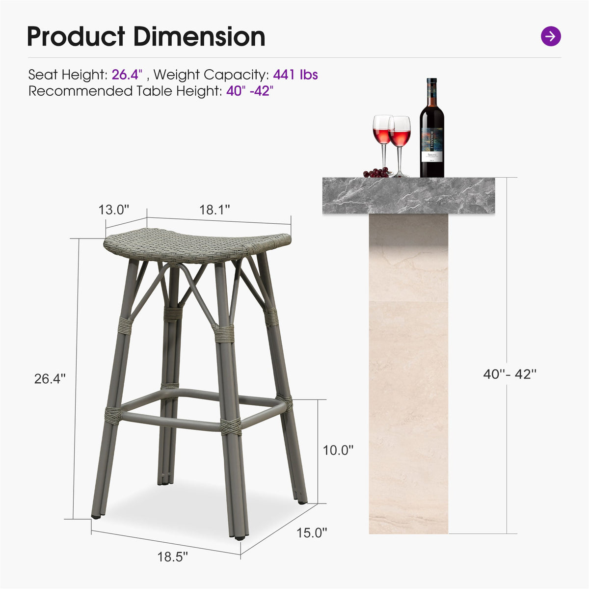PURPLE LEAF Outdoor Bar Stools Set of 2 Backless Rattan Barstools with Saddle Seat and Footrest All Weather Aluminum Bar Chairs for Patio Kitchen Island Pool Balcony