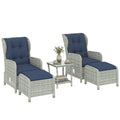5 Piece Rattan Reclining Chair Set with Footstool and Glass Table, Dark Blue