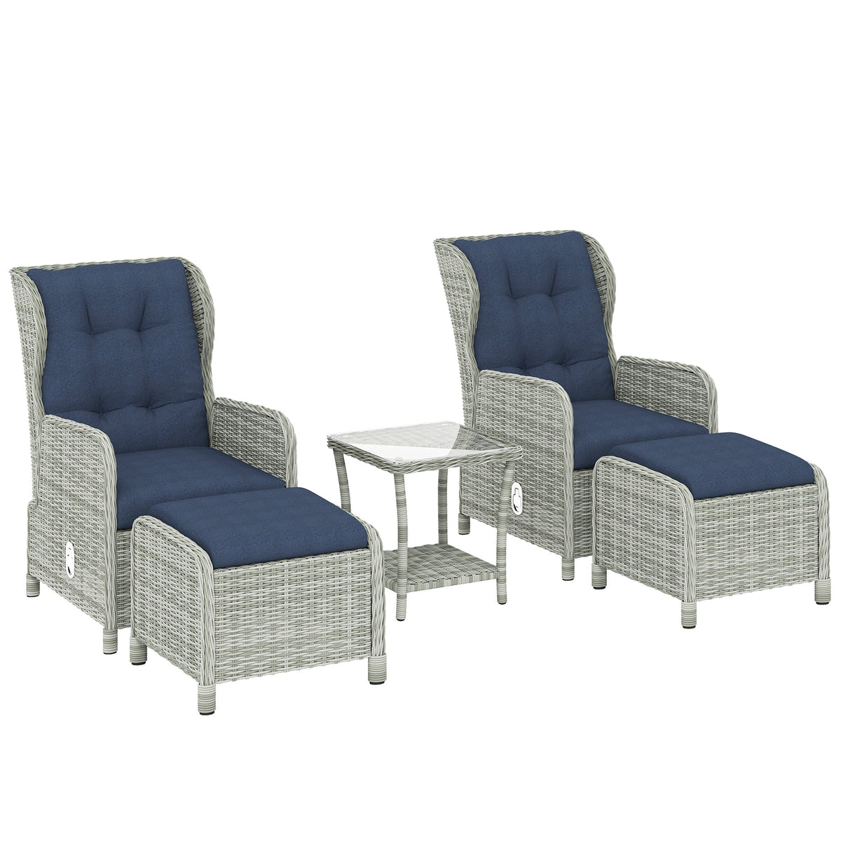 5 Piece Rattan Reclining Chair Set with Footstool and Glass Table, Dark Blue