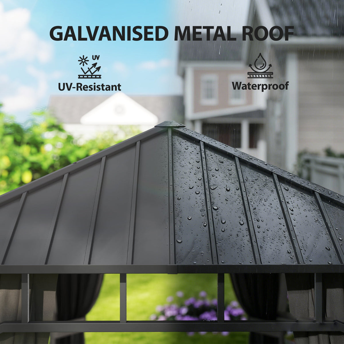 2 x 3.5 m Hardtop Gazebo with Galvanised Roof, Netting & Curtains, Dark Grey
