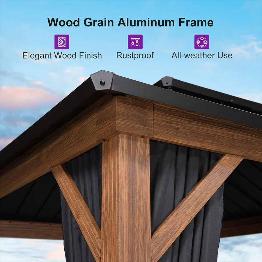 PURPLE LEAF Metal Gazebo Double Roof Wood Grain Aluminum Frame with Curtains and Netting with Lights-milky