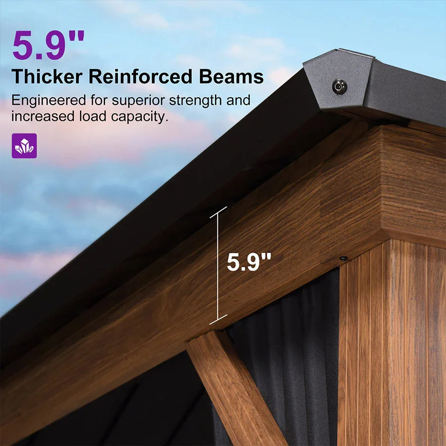PURPLE LEAF Metal Gazebo Double Roof Wood Grain Aluminum Frame with Curtains and Netting with Lights-clear