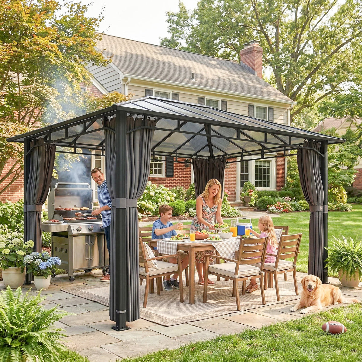 3 x 4 m Hardtop Gazebo with Polycarbonate Roof and Curtains, Dark Grey