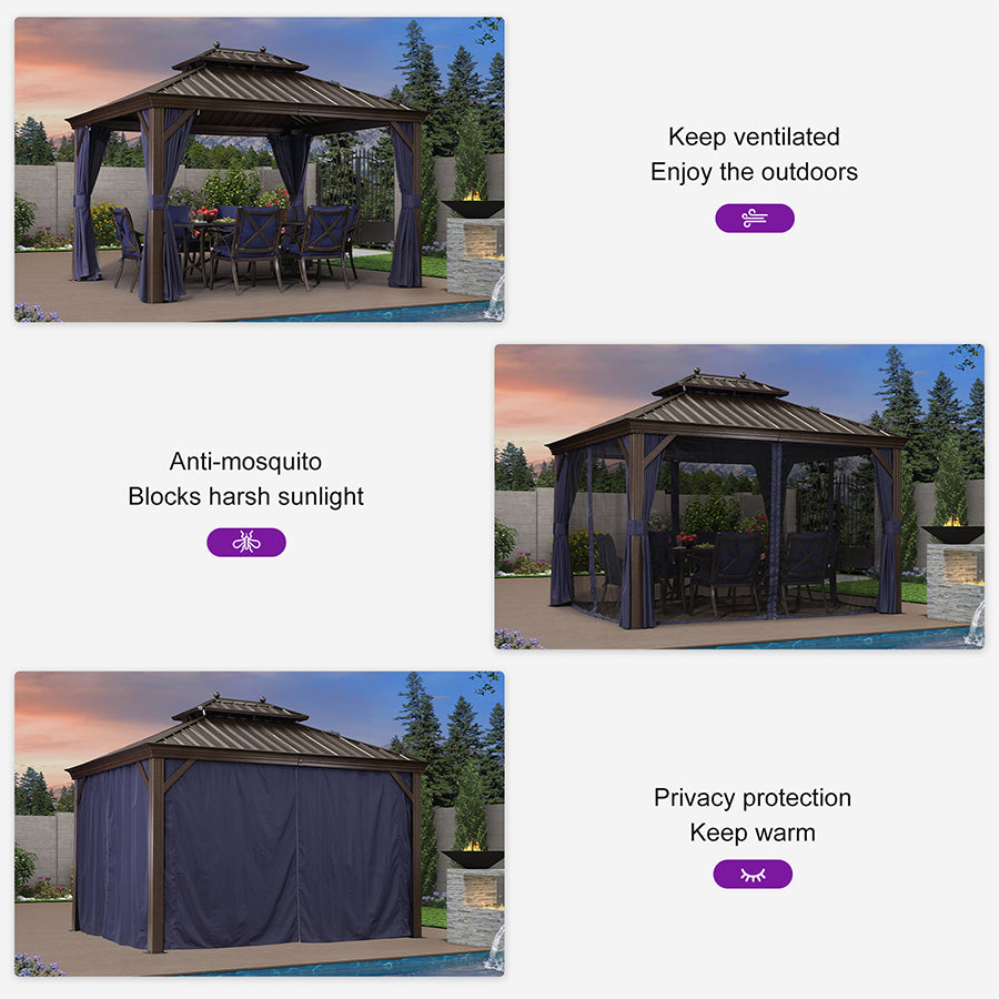 PURPLE LEAF Outdoor Hardtop Gazebo for Patio Bronze Aluminum Frame Pavilion with Navy-Blue Curtain and Reinforced Support Rods
