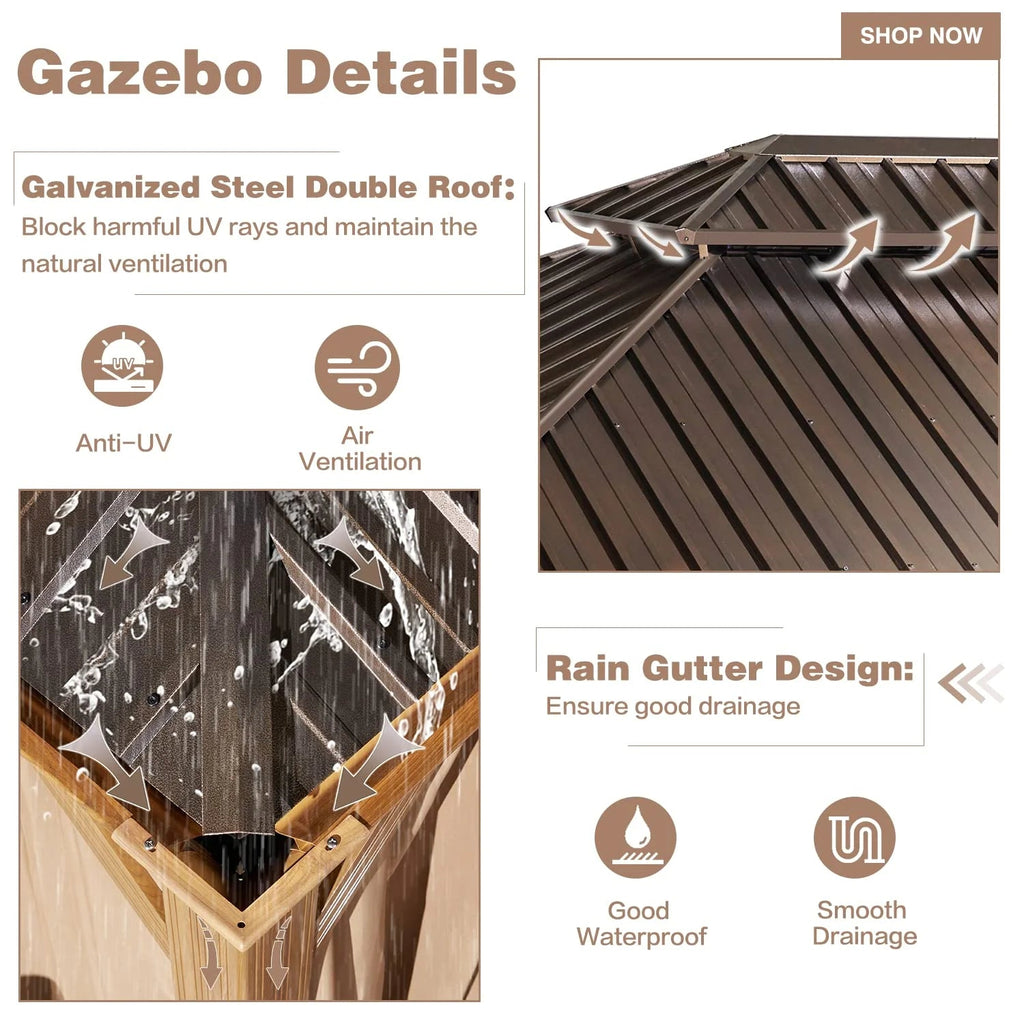 Erommy 12' X 20' Hardtop Gazebo, Wooden Finish Coated Aluminum Frame Gazebo with Galvanized Steel Double Roof with Curtains and Netting