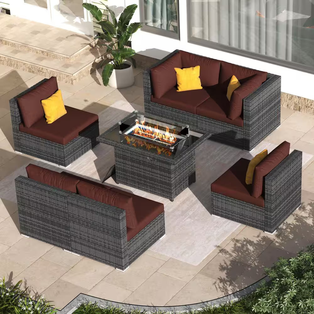 Large 7 Piece Charcoal Wicker Patio Fire Pit Conversation Sectional Deep Seating Sofa Set with Dark Red Cushions