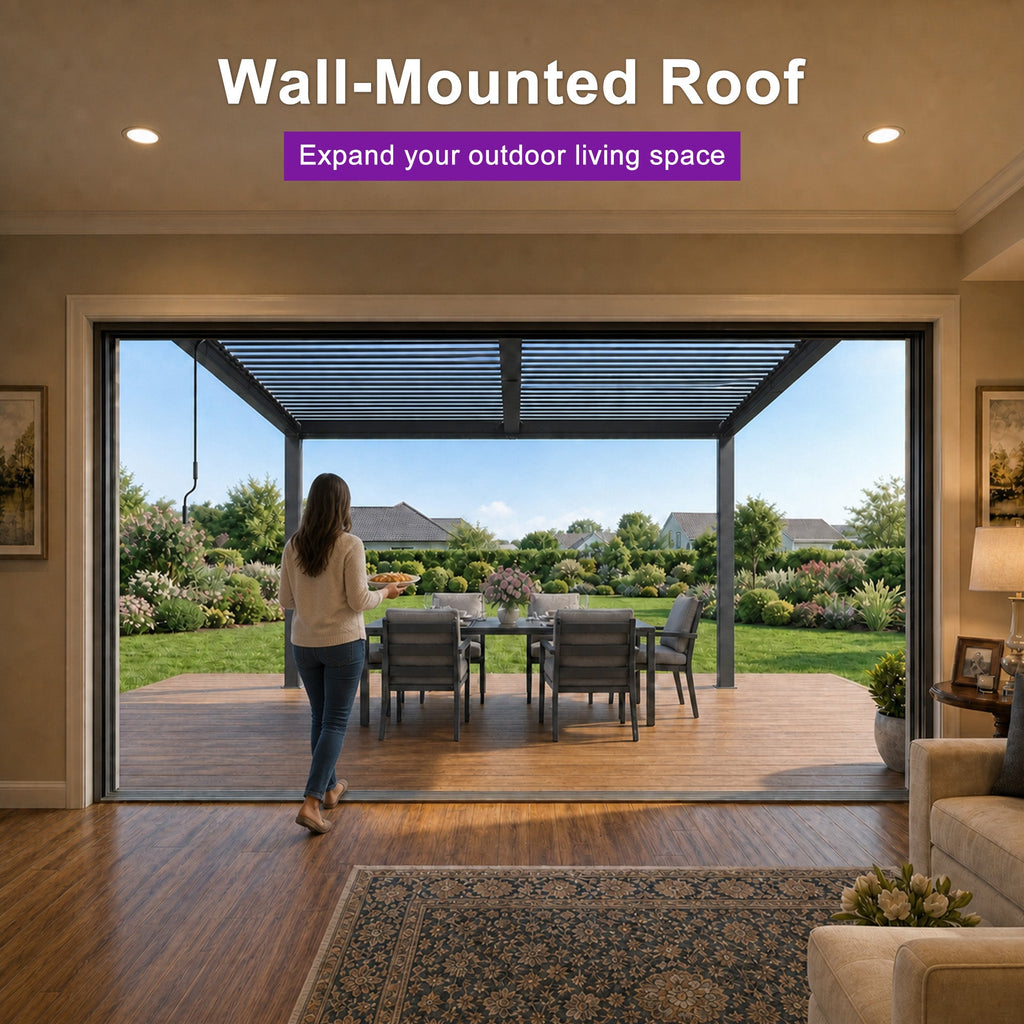 PURPLE LEAF Caesar Wall Mounted Louvered Pergola with LED String Lights, All-Aluminum Patio Cover with Adjustable Roof, Hidden Gutter Drainage, Lean-to Pergola for Deck, Backyard, Porch, Dark Gray