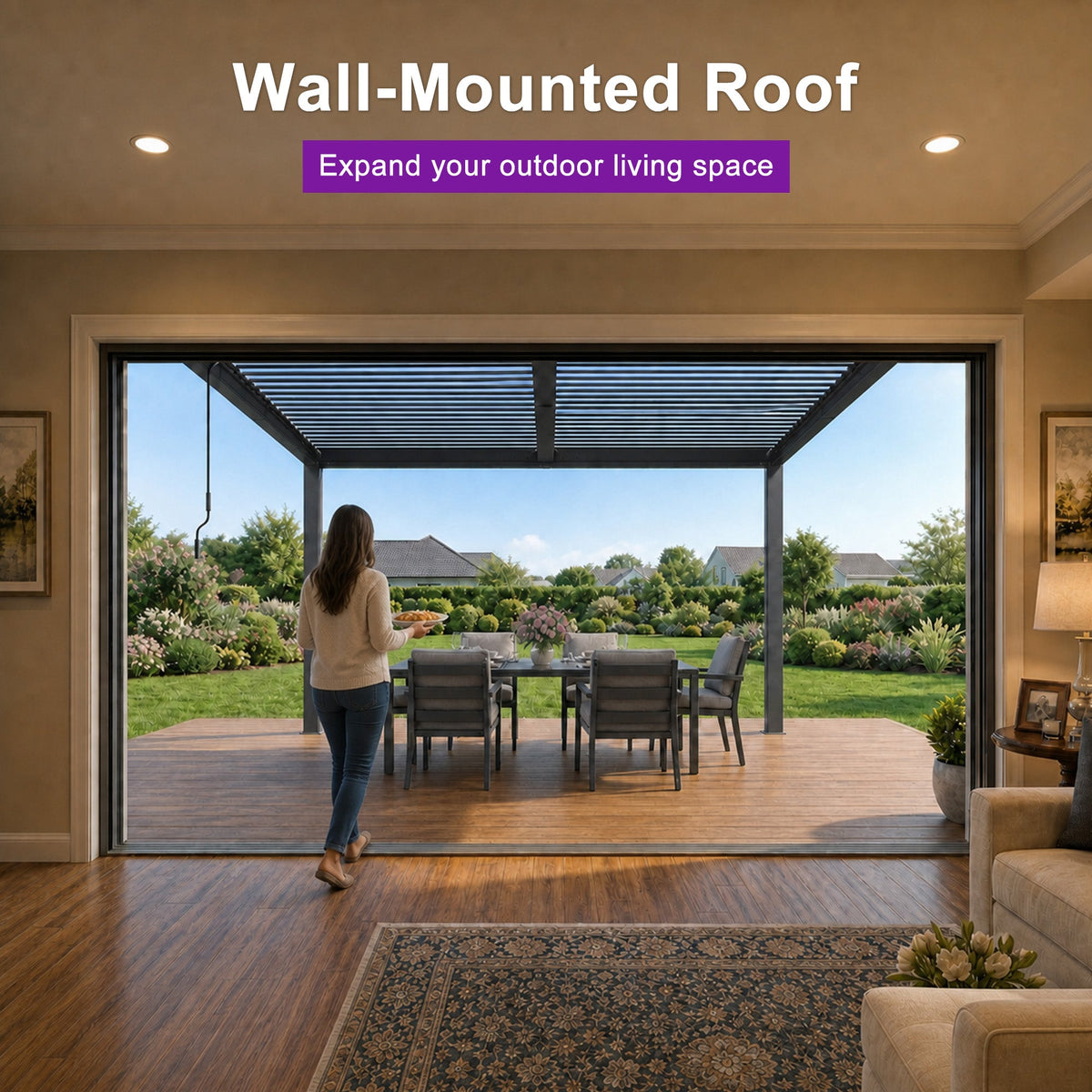PURPLE LEAF Caesar Wall Mounted Louvered Pergola with LED String Lights, All-Aluminum Patio Cover with Adjustable Roof, Hidden Gutter Drainage, Lean-to Pergola for Deck, Backyard, Porch, Dark Gray