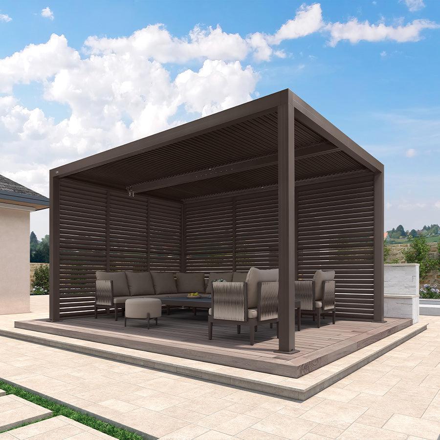 PURPLE LEAF Athena Louvered Pergola Bronze Outdoor Aluminum Pergola with Shutter Wall Adjustable Gazebo Rainproof for Patio Deck Garden